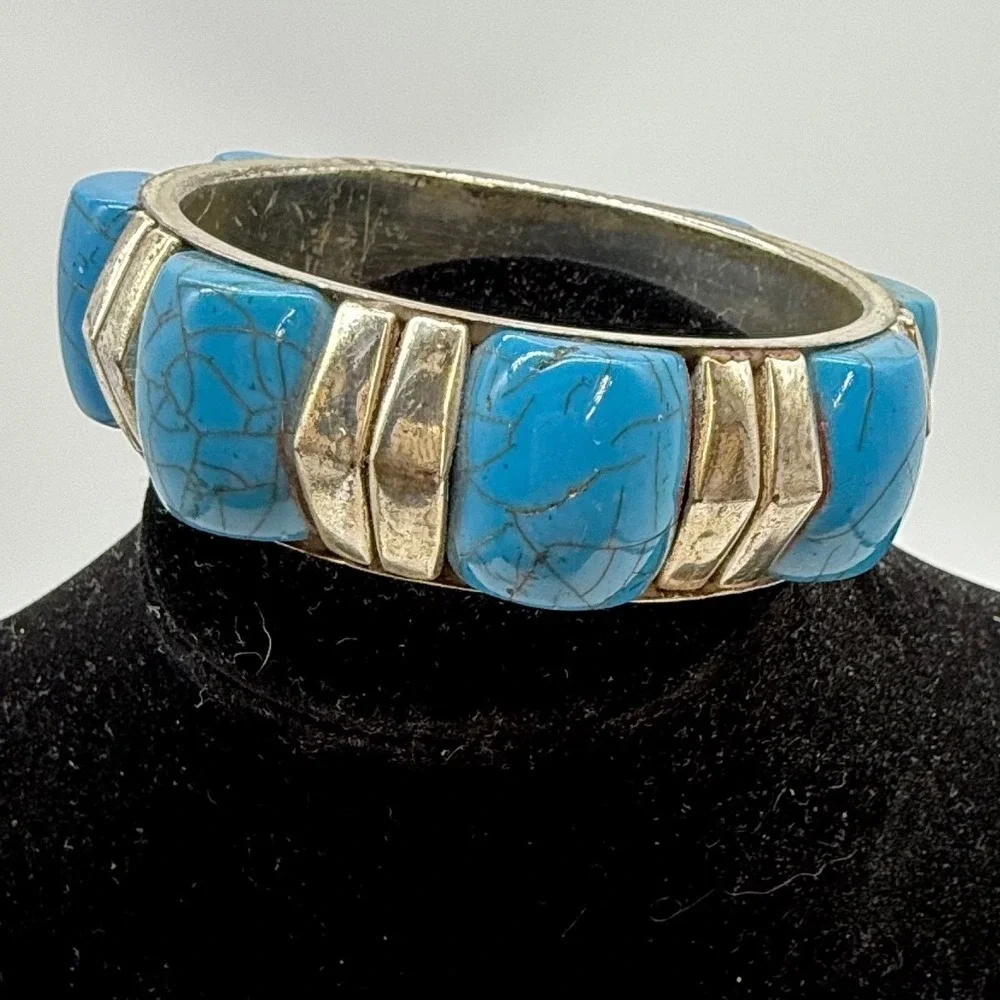 Vintage Silver Tone Faux Turquoise Chunky Bangle Bracelet Southwestern Boho 4253